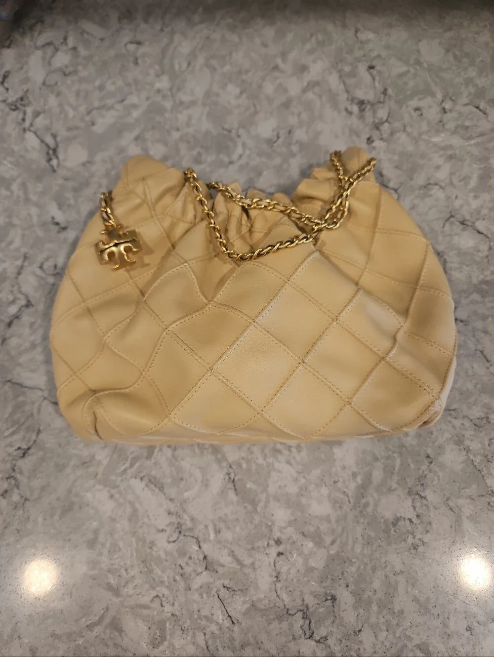 Tory Burch  Mini Fleming Chain Strap Hobo Bag Cream And Gold